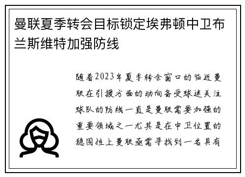 曼联夏季转会目标锁定埃弗顿中卫布兰斯维特加强防线