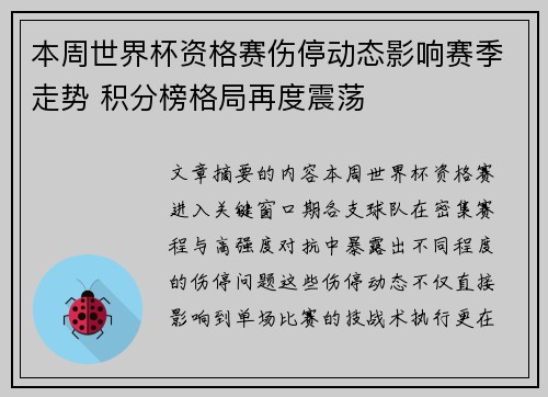 本周世界杯资格赛伤停动态影响赛季走势 积分榜格局再度震荡
