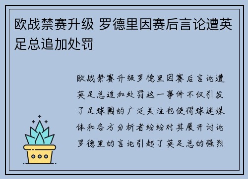 欧战禁赛升级 罗德里因赛后言论遭英足总追加处罚